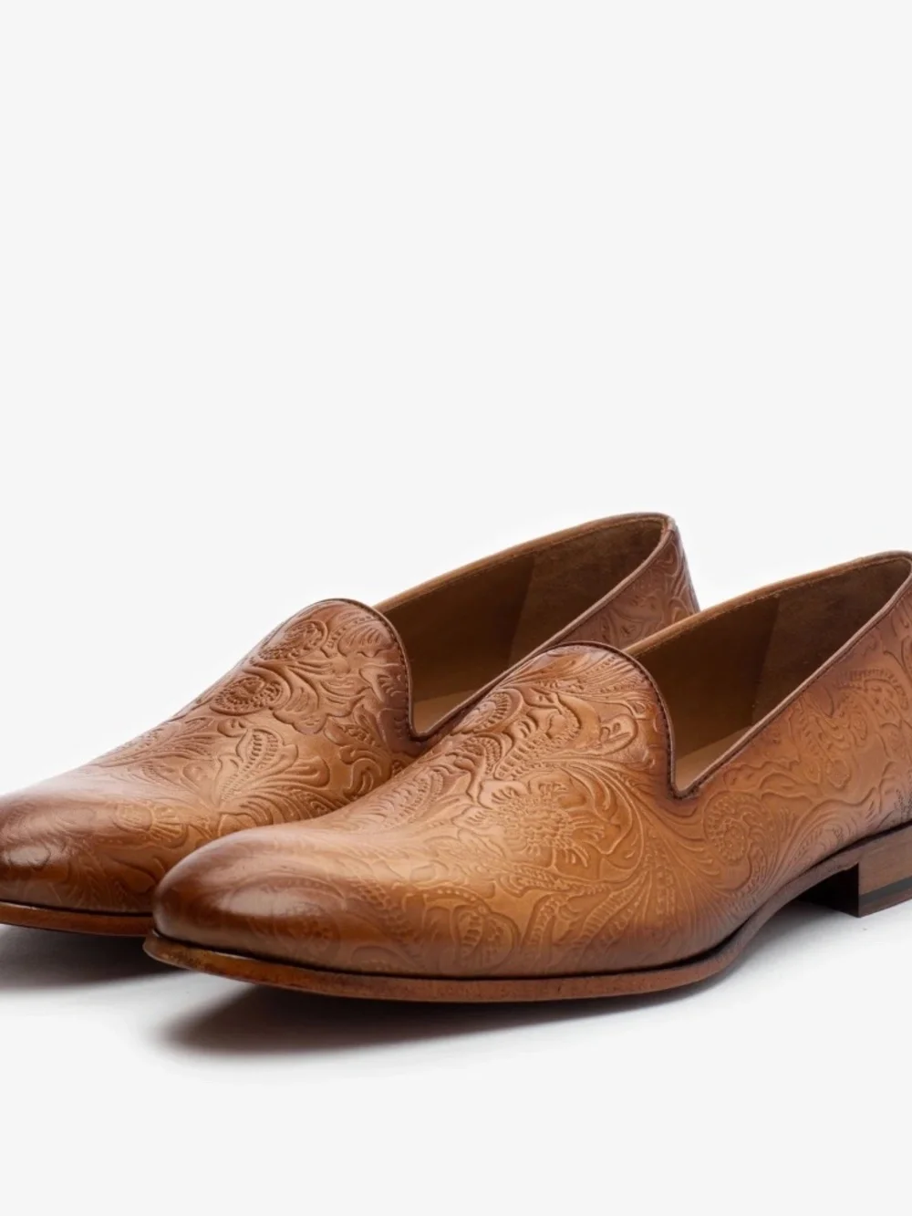 TAFT Mens Embossed Floral Leather Loafers Cognac Tan Handmade Spain EU 40.5